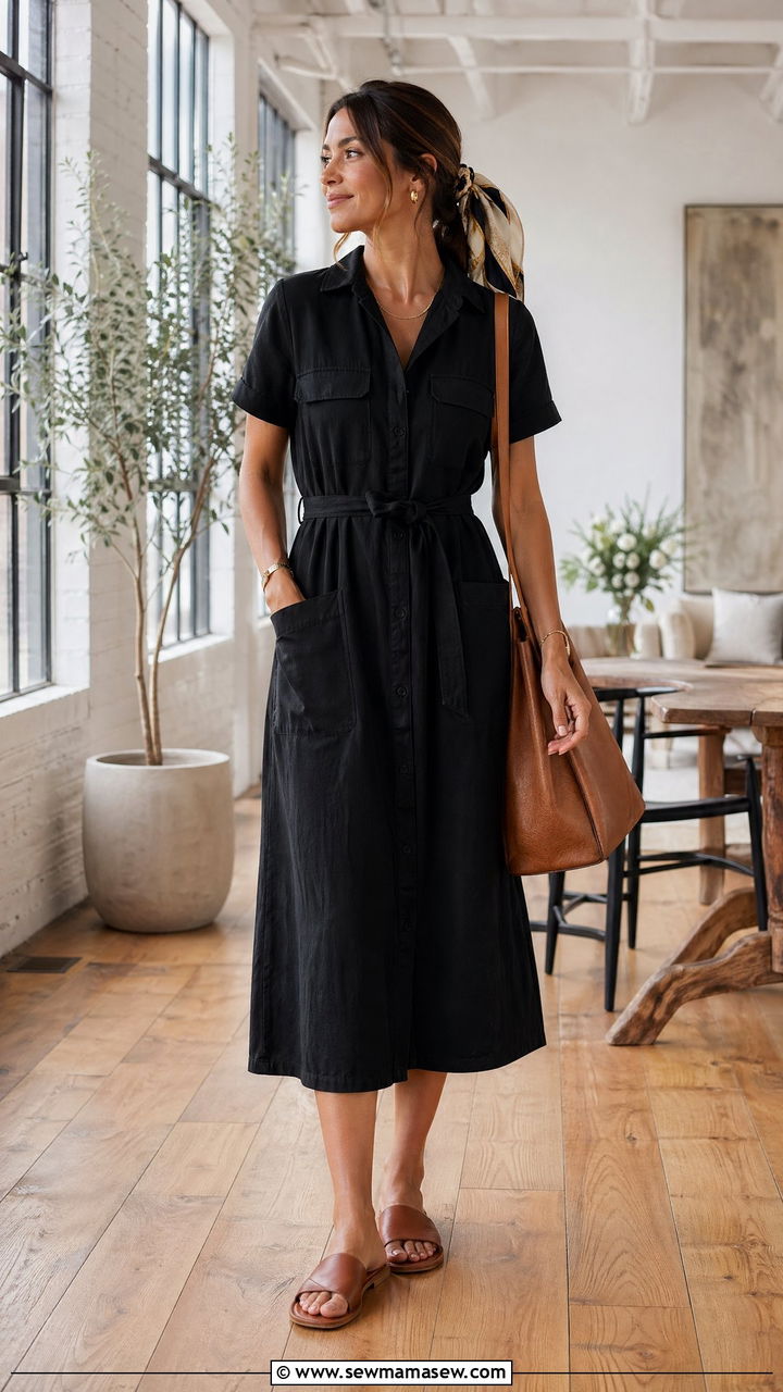 Black Utility Midi Dress With Slide Sandals - 35 Summer outfits for working moms