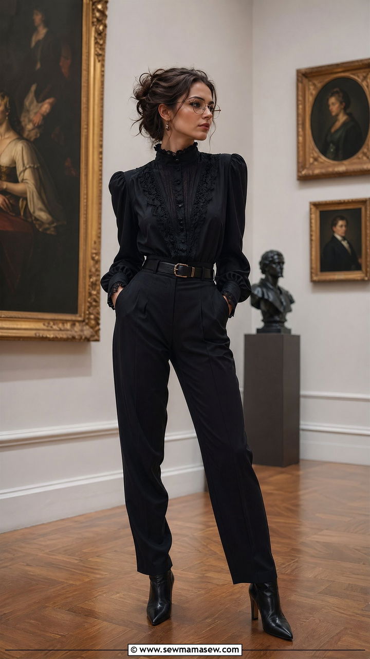 Black Victorian Blouse and High Waisted Pants with a Silver Belt - 35 dark academia outfits