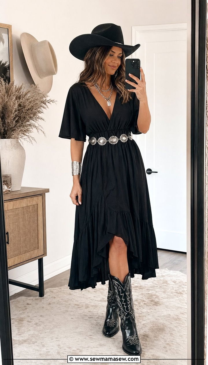 Black Western Dress With Silver Concho Belt - 30 western capsule wardrobe outfits