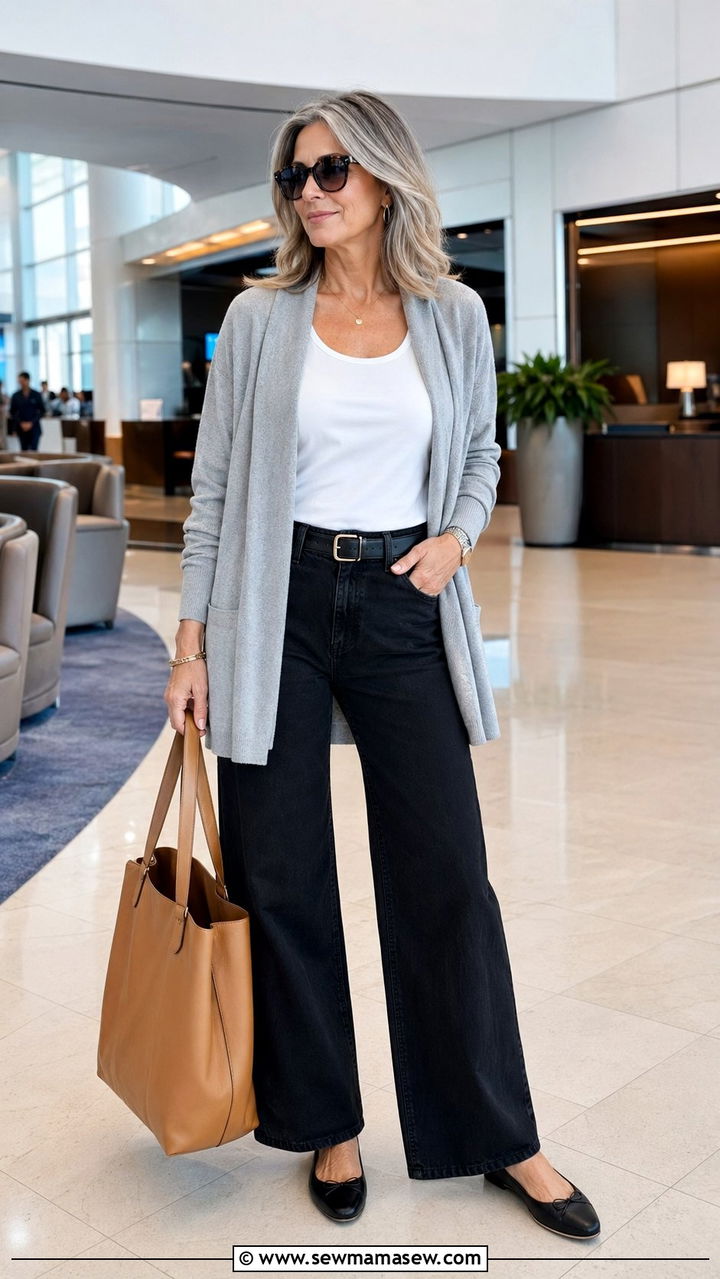 Black Wide Leg Jeans With Grey Cardigan - 30 Wide leg jeans outfit ideas for women over 50