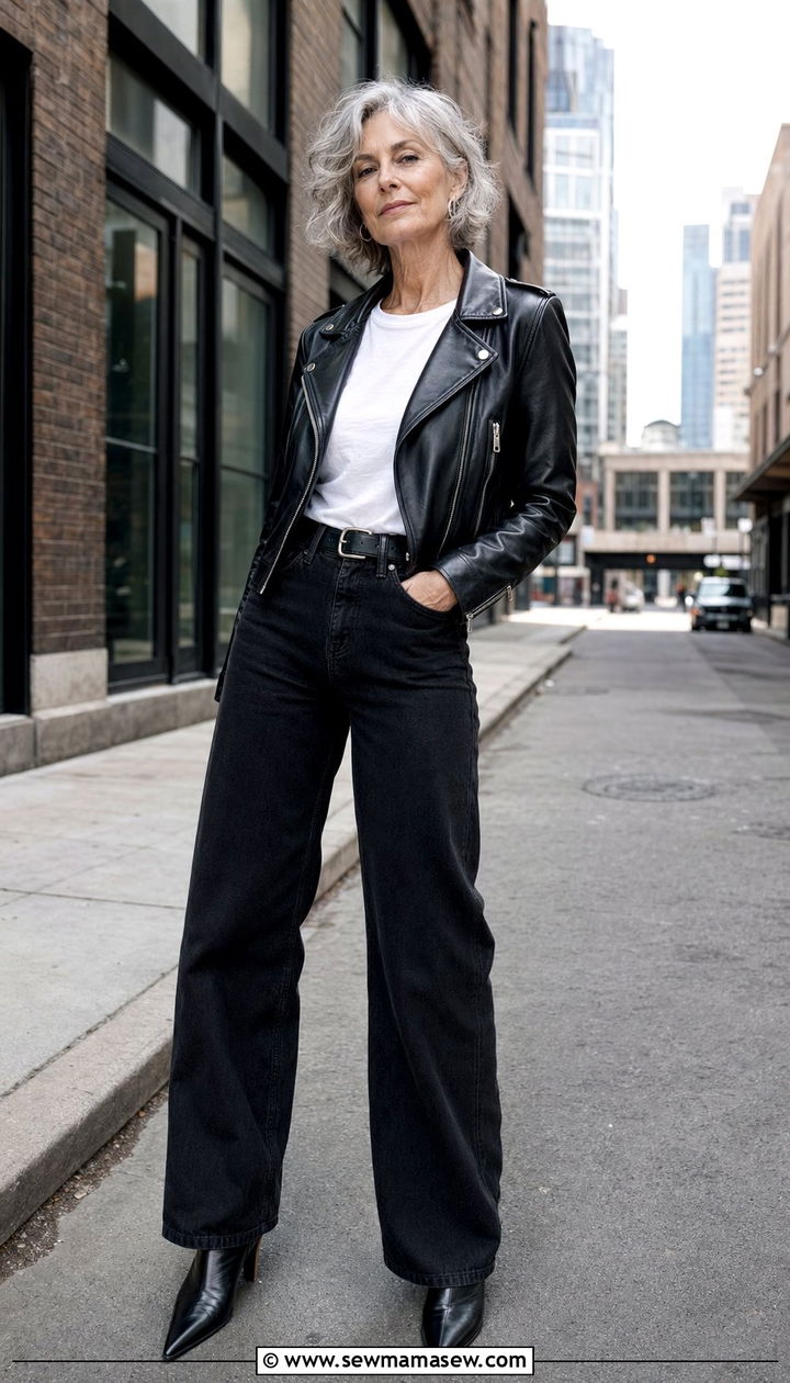 Black Wide Leg Jeans With White Tee And Leather Moto Jacket - 30 Best jeans for women over 50