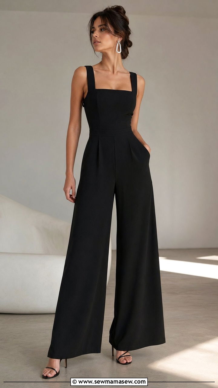 Black Wide Leg Jumpsuit with Heels - 30 Black outfit ideas for work