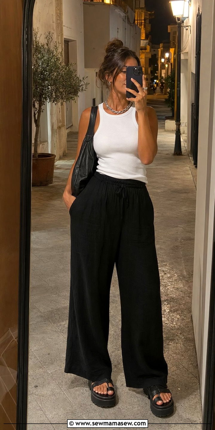 Black Wide Leg Linen Trousers With a White Muscle Tank and Chunky Platform Sandals - 30 Wide leg trousers outfit ideas for summer