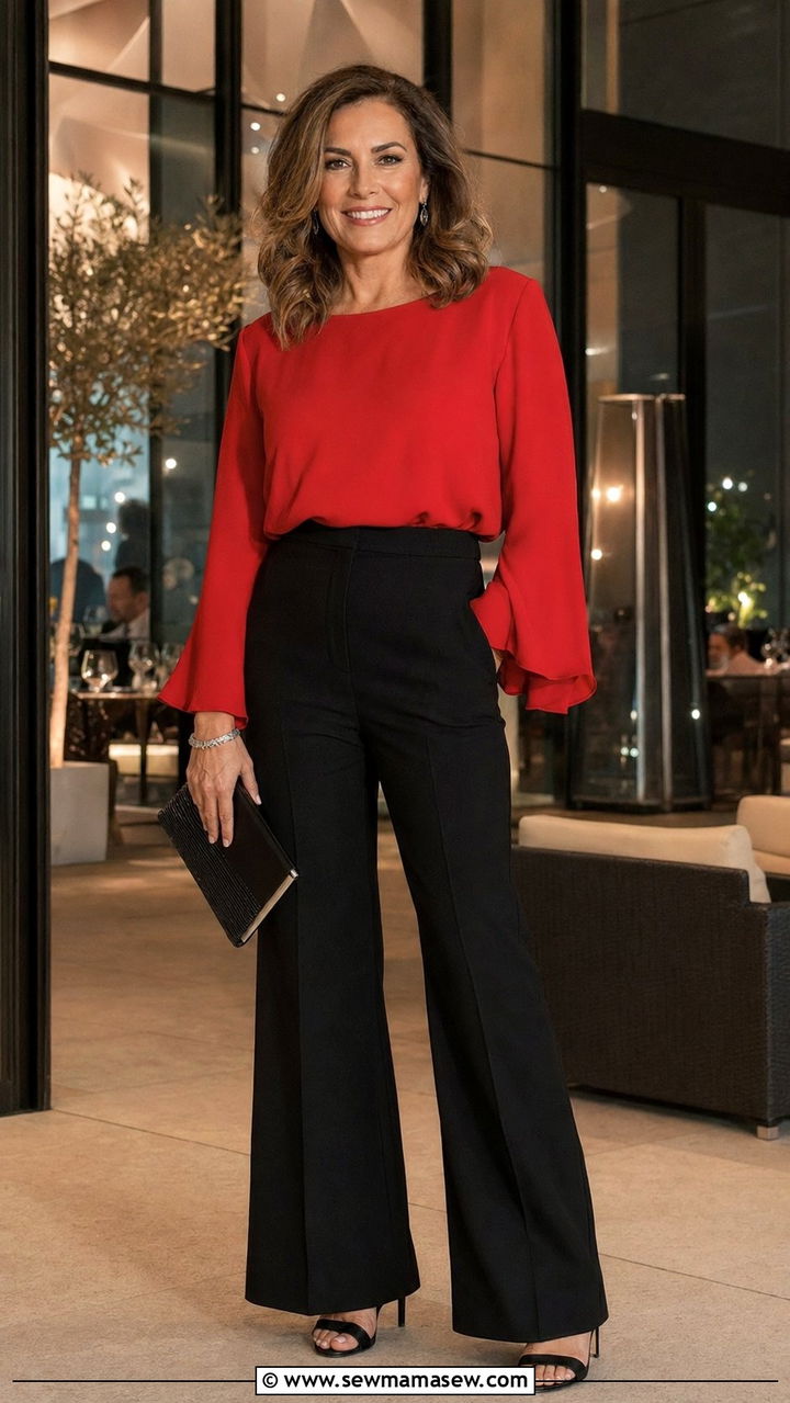 Black Wide Leg Pants With Bright Red Top and Heeled Sandals - 30 wide leg pants outfits for women over 40