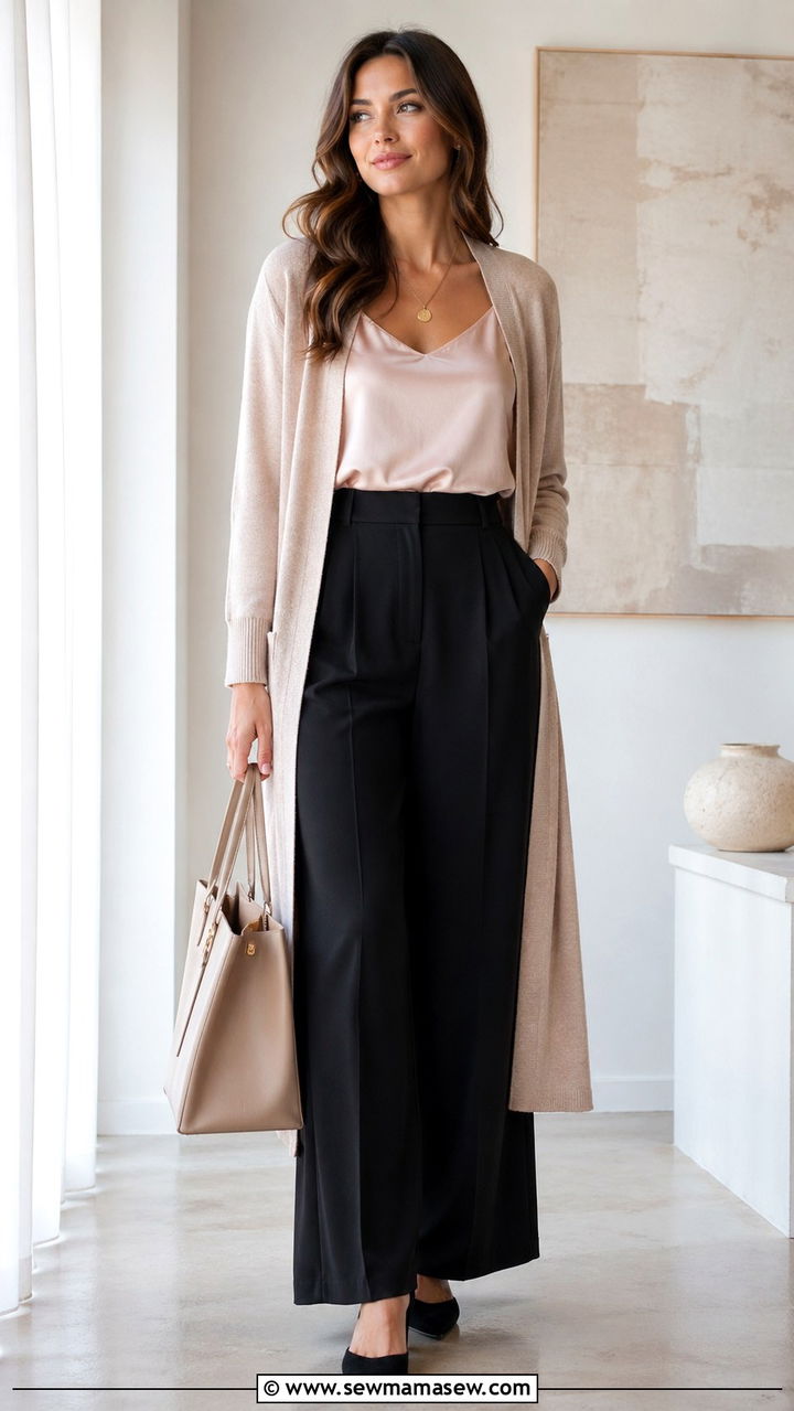Black Wide Leg Trousers With Silk Cami And Cardigan - 30 Second round interview outfits