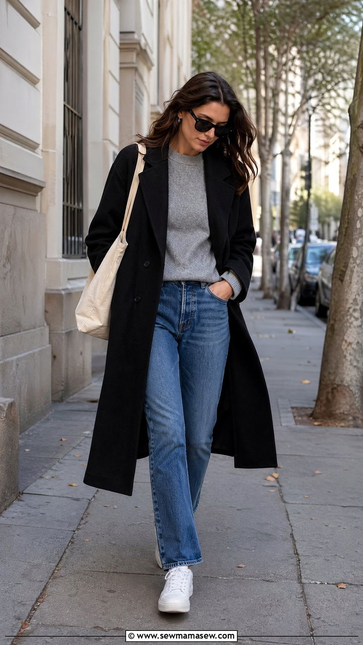 Black Wool Coat with Straight Leg Jeans and White Sneakers - 35 Wool coat outfit ideas