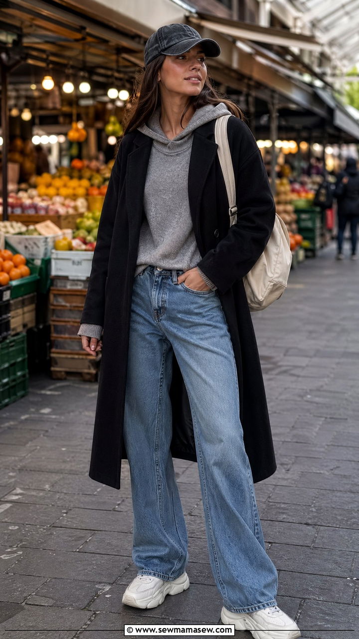 Black Wool Coat with a Grey Hoodie and Chunky Sneakers - 35 Wool coat outfit ideas