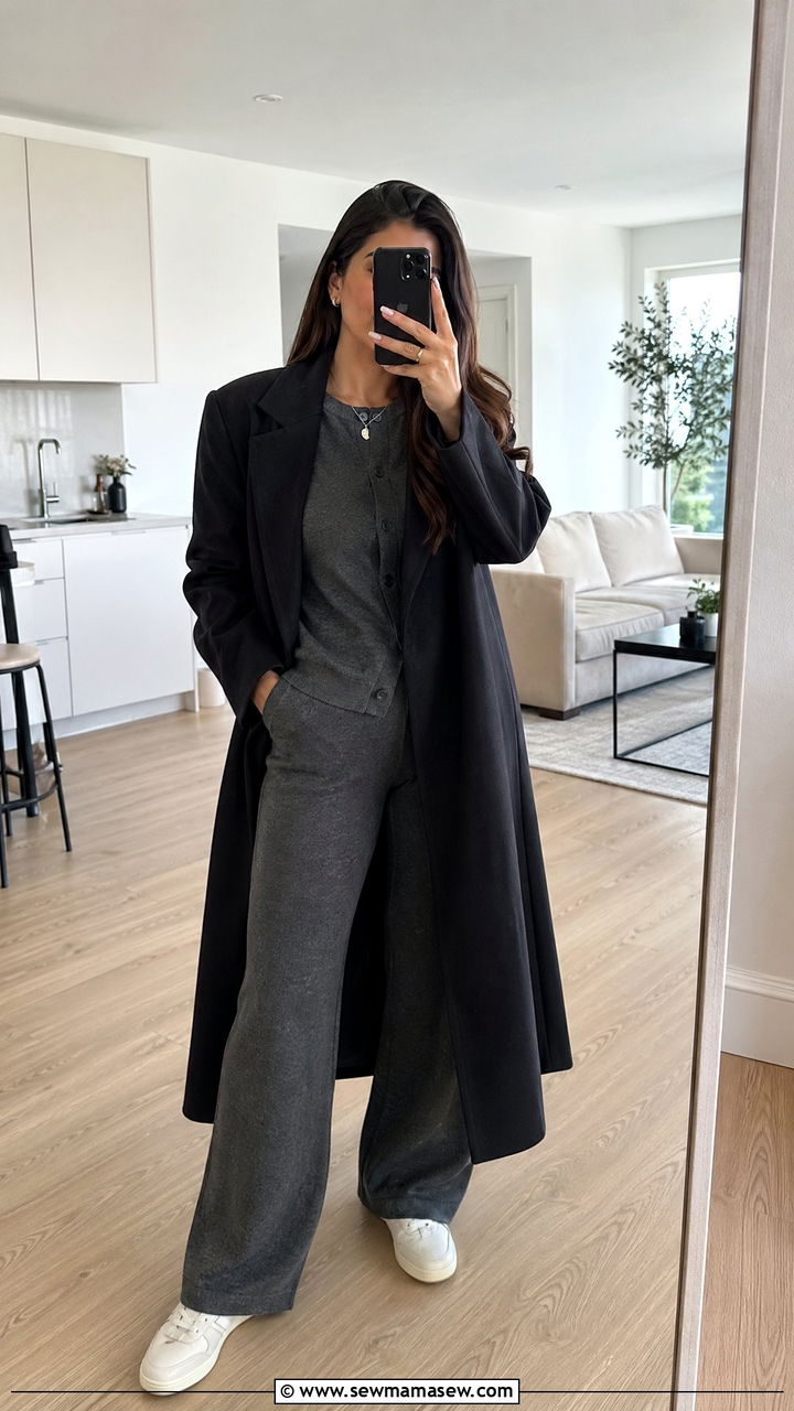 Black Wool Coat with a Matching Co Ord Set - 35 Wool coat outfit ideas