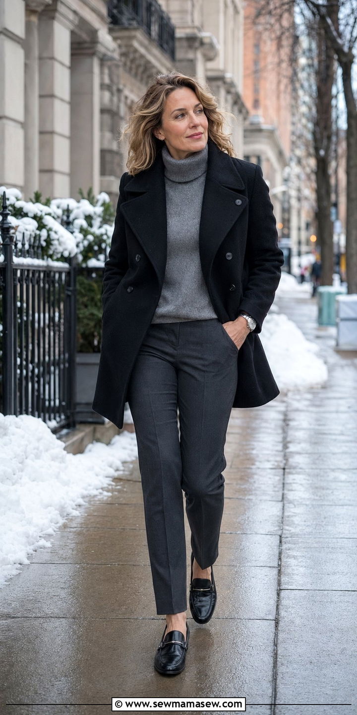 Black Wool Peacoat With Gray Turtleneck And Charcoal Trousers - 35 Old money outfits for women over 40