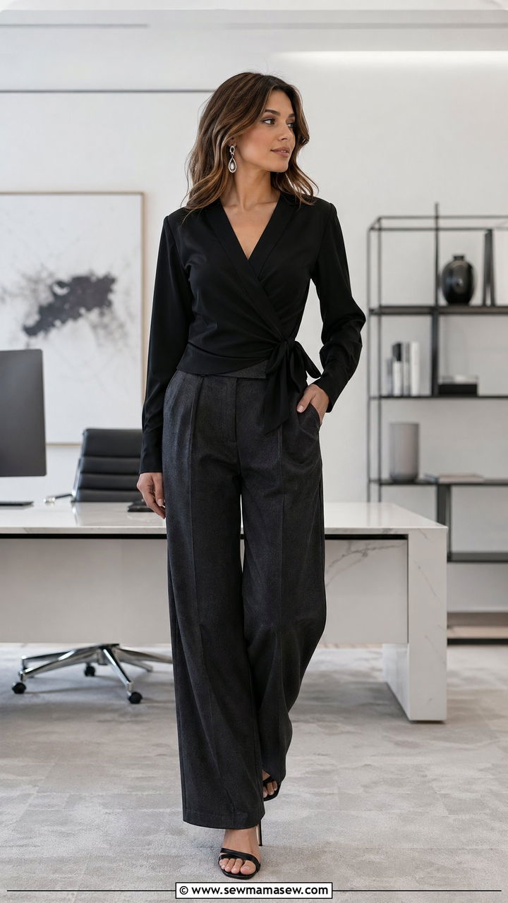 Black Wrap Top with Charcoal Wide Leg Pants - 35 what to wear to the office