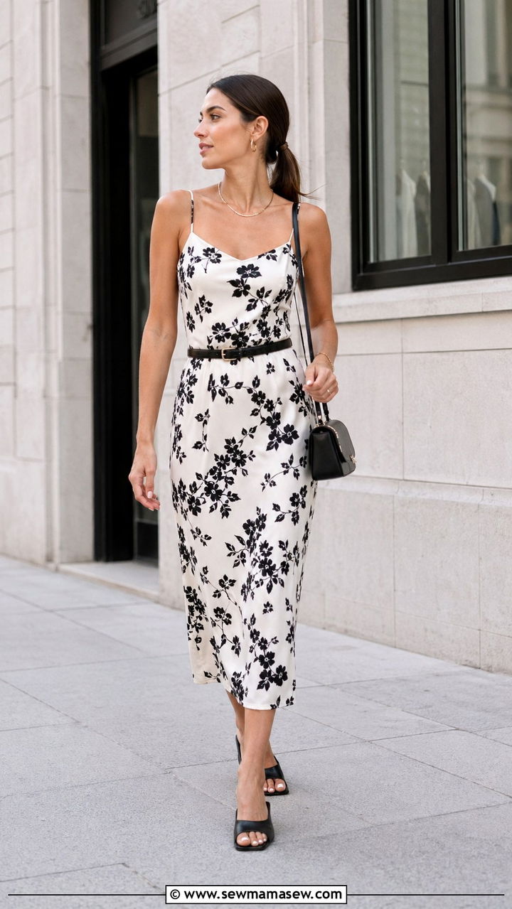 Black and White Floral Midi With Square Toe Mules - 30 spring midi dress outfit ideas