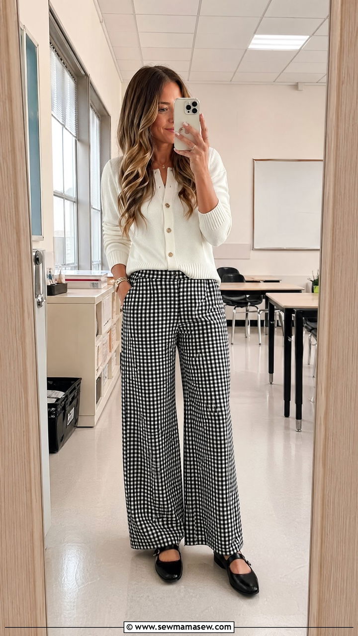 Black and White Gingham Pants With Mary Janes and a White Cardigan - 35 teacher outfits for women