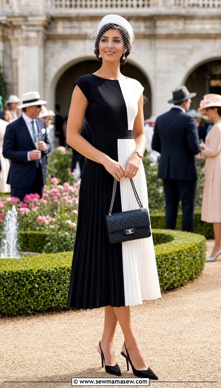 Black and White Pleated Dress with Pillbox Hat - 35 Old money vacation outfit ideas
