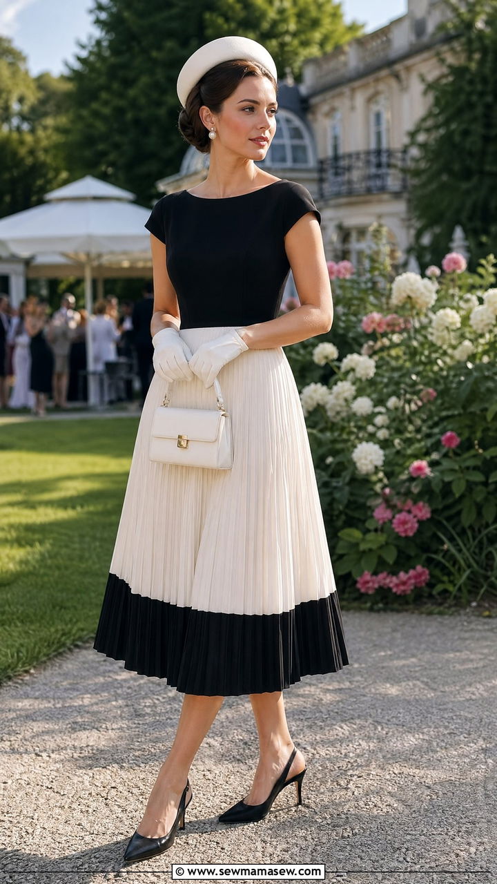 Black and White Pleated Dress with White Pillbox Hat - 35 classy old money outfits