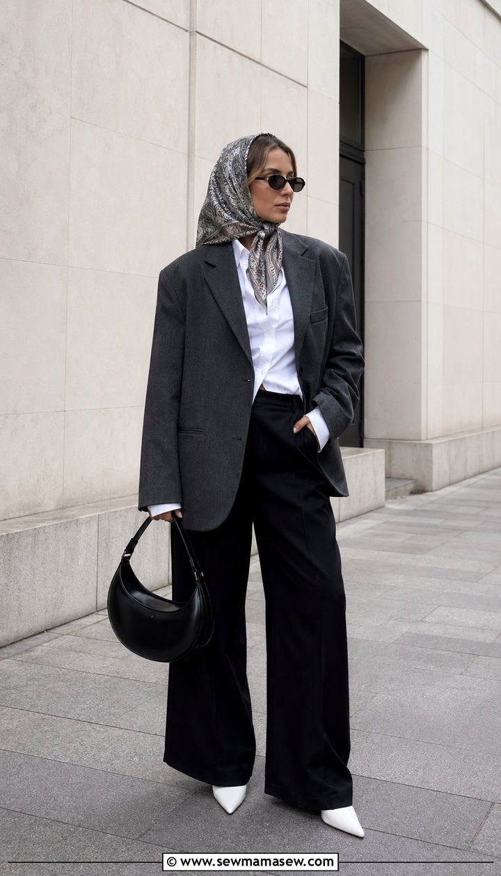 Black and White Tailoring with Headscarf Outfit - 35 Scandinavian outfit ideas