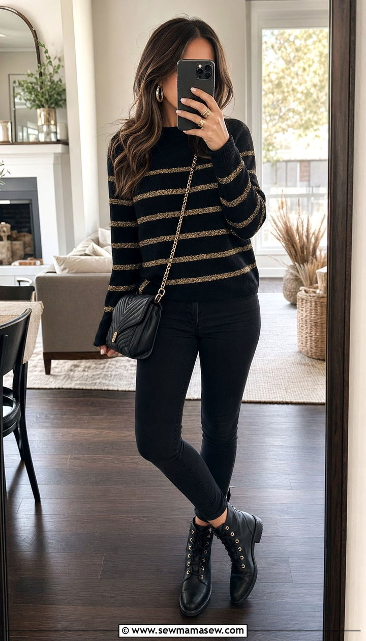 Black and gold striped sweater with black jeans - 30 Black and gold outfit ideas
