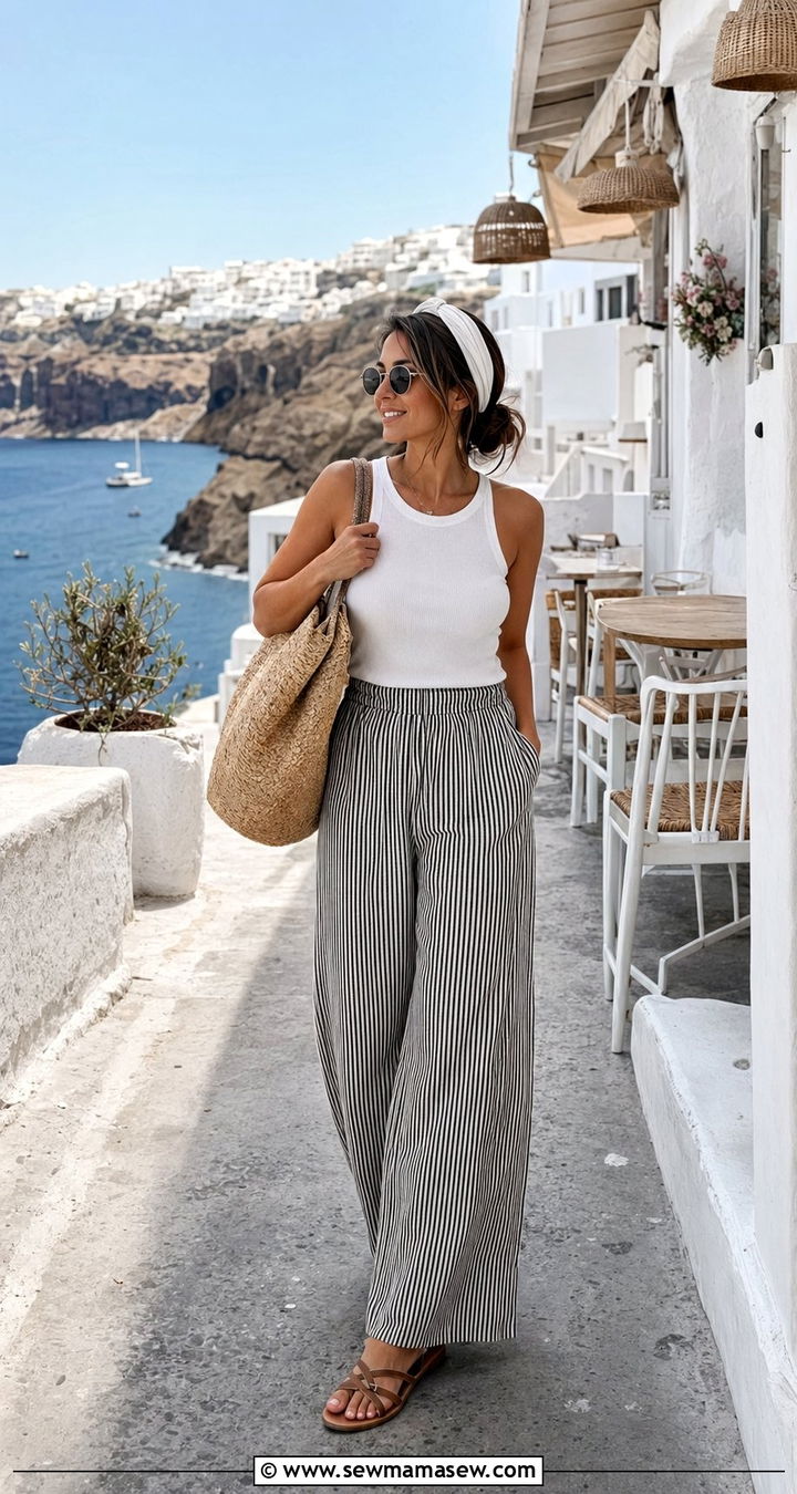 Black and white striped wide leg pants with sleeveless top - 35 Santorini vacation outfit ideas