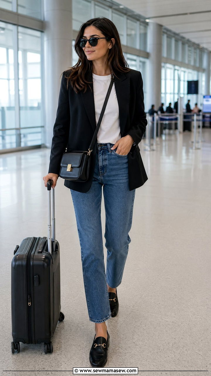 Black blazer outfit with white tee and straight jeans - 35 classy travel outfit ideas