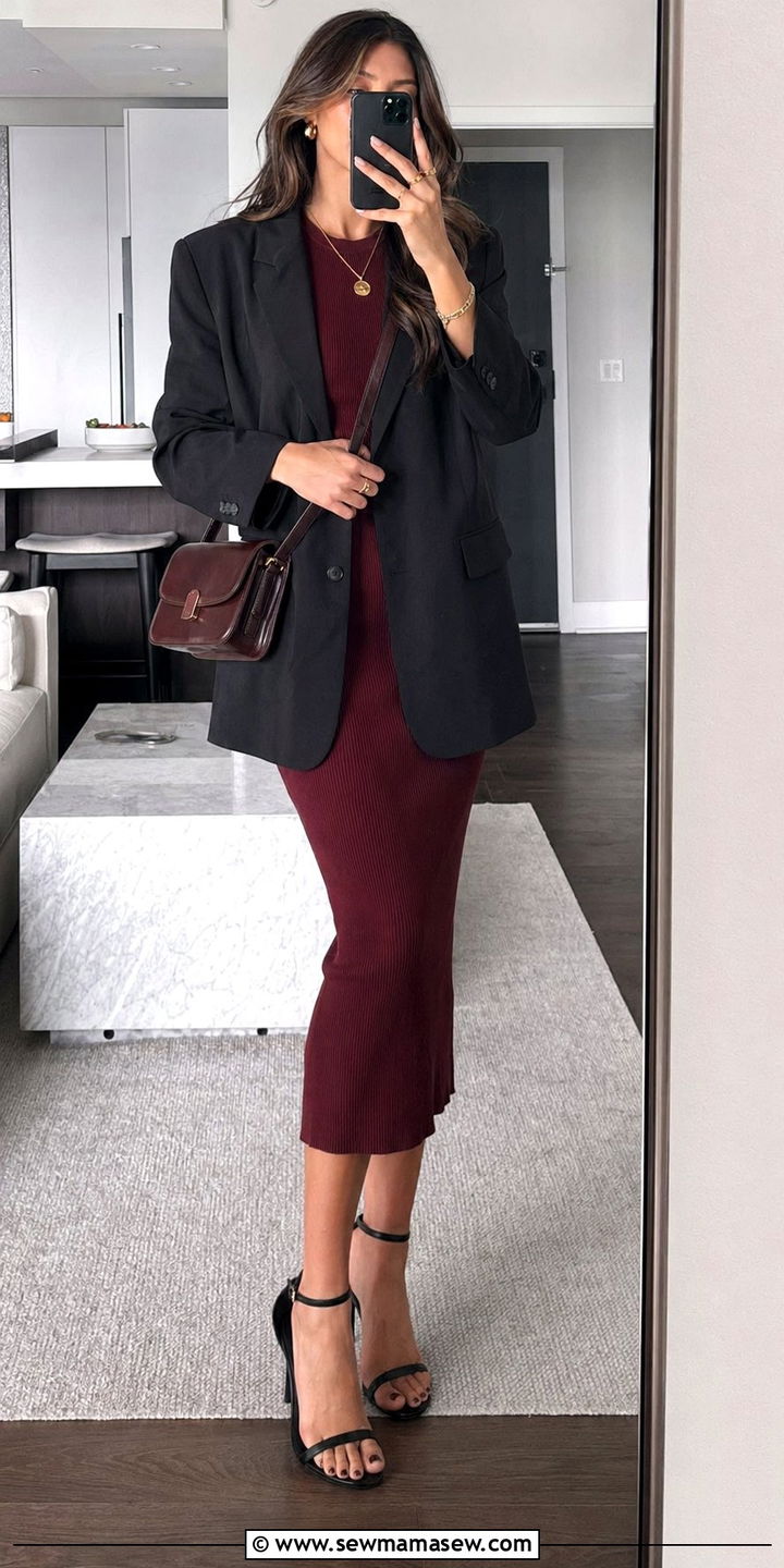 Black blazer over burgundy dress outfit - 30 Black and burgundy outfit ideas
