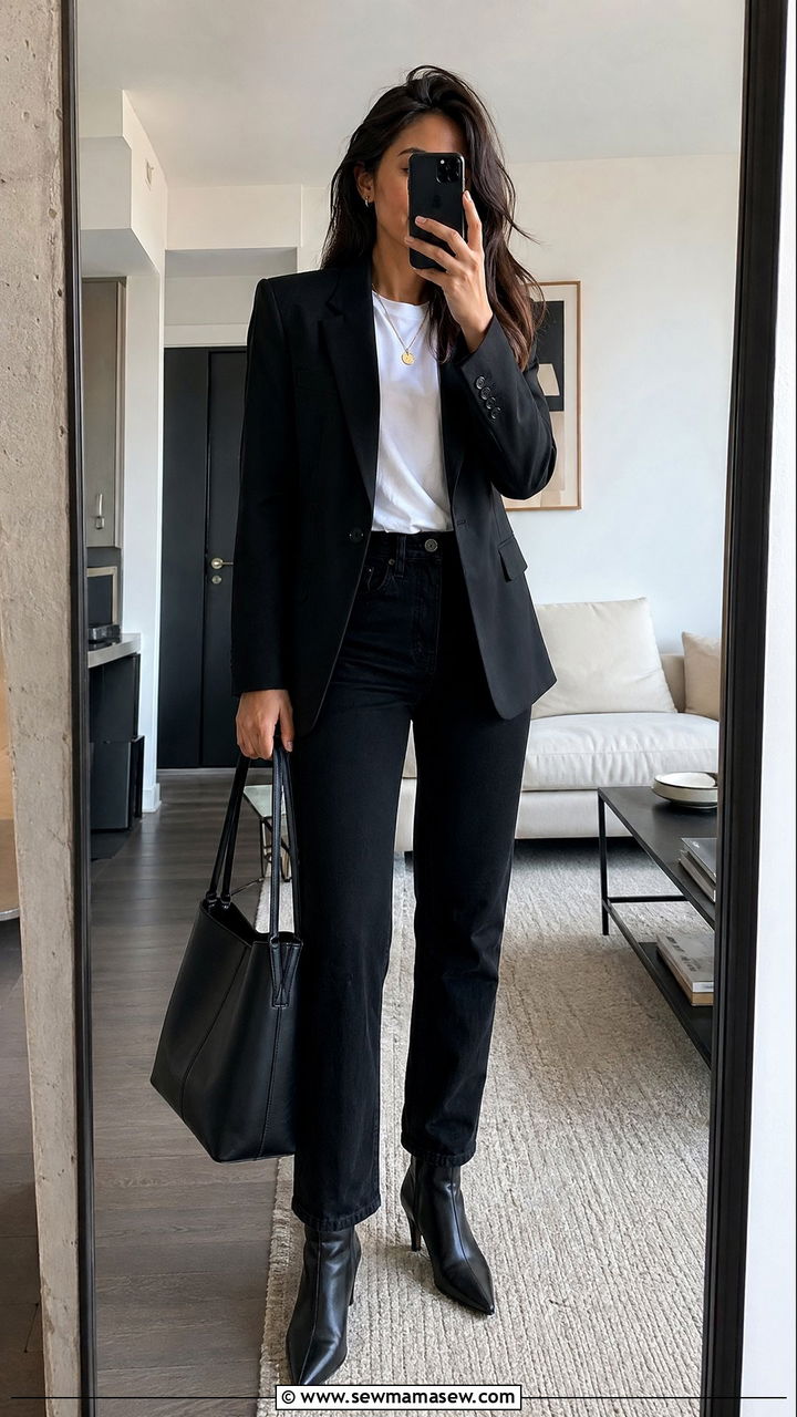 Black blazer with a white T shirt and black jeans - 35 Consultant outfit ideas