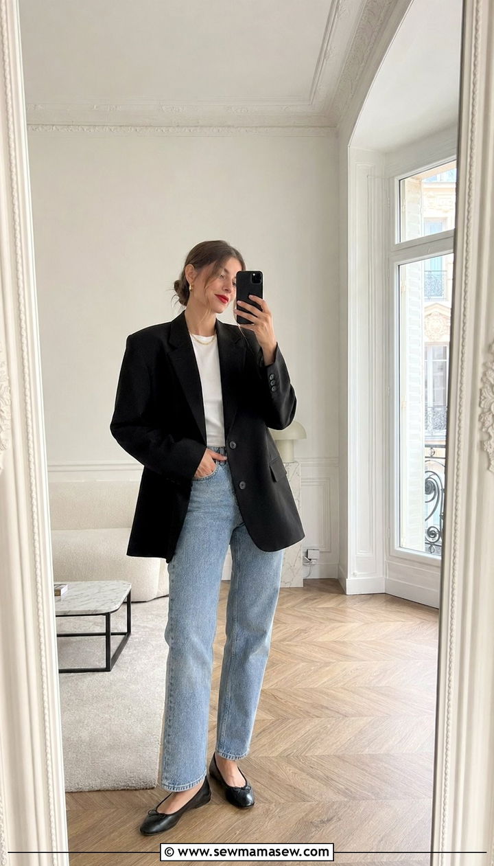 Black blazer with a white tee and light wash jeans - 35 Parisian cafe outfit ideas