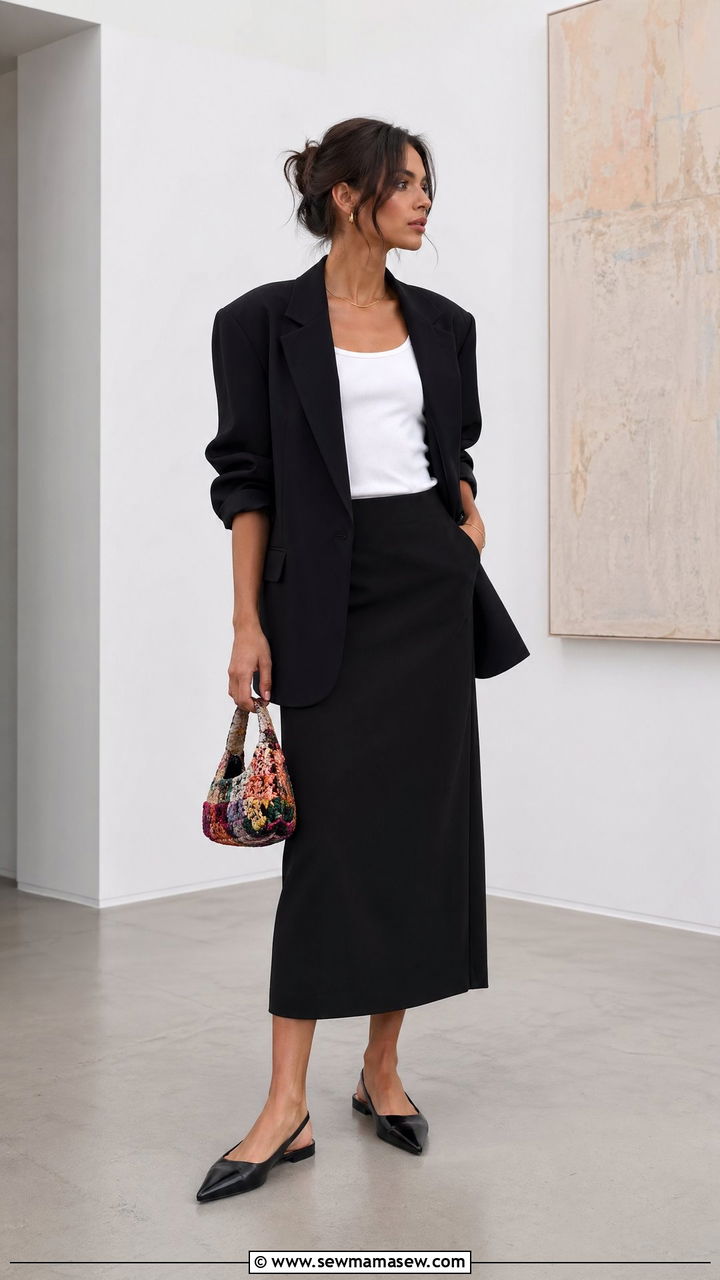 Black blazer with column midi skirt - 35 spring simple outfit ideas