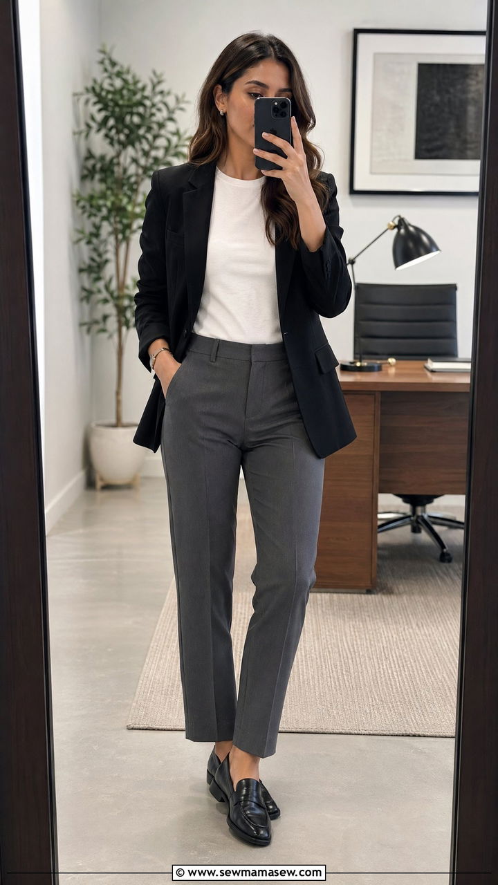 Black blazer with gray dress pants and loafers - 35 Courtroom outfit ideas for women