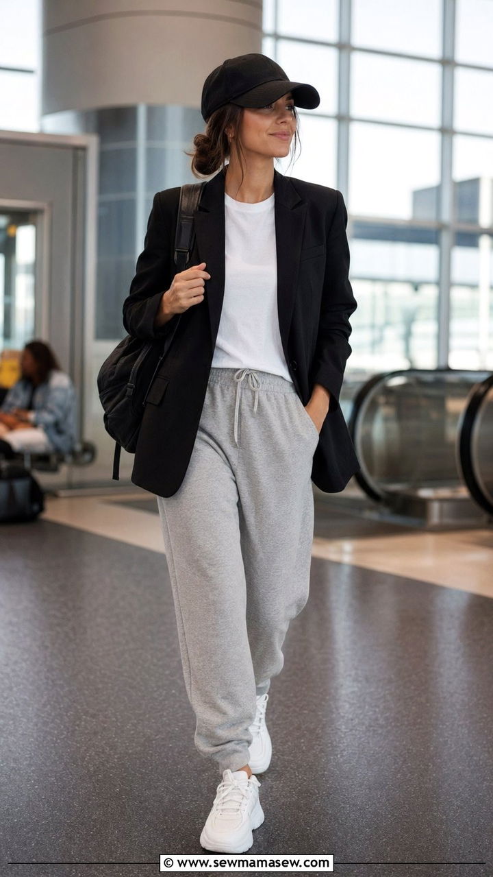Black blazer with gray sweats and a baseball cap - 30 Airport outfit ideas with a blazer