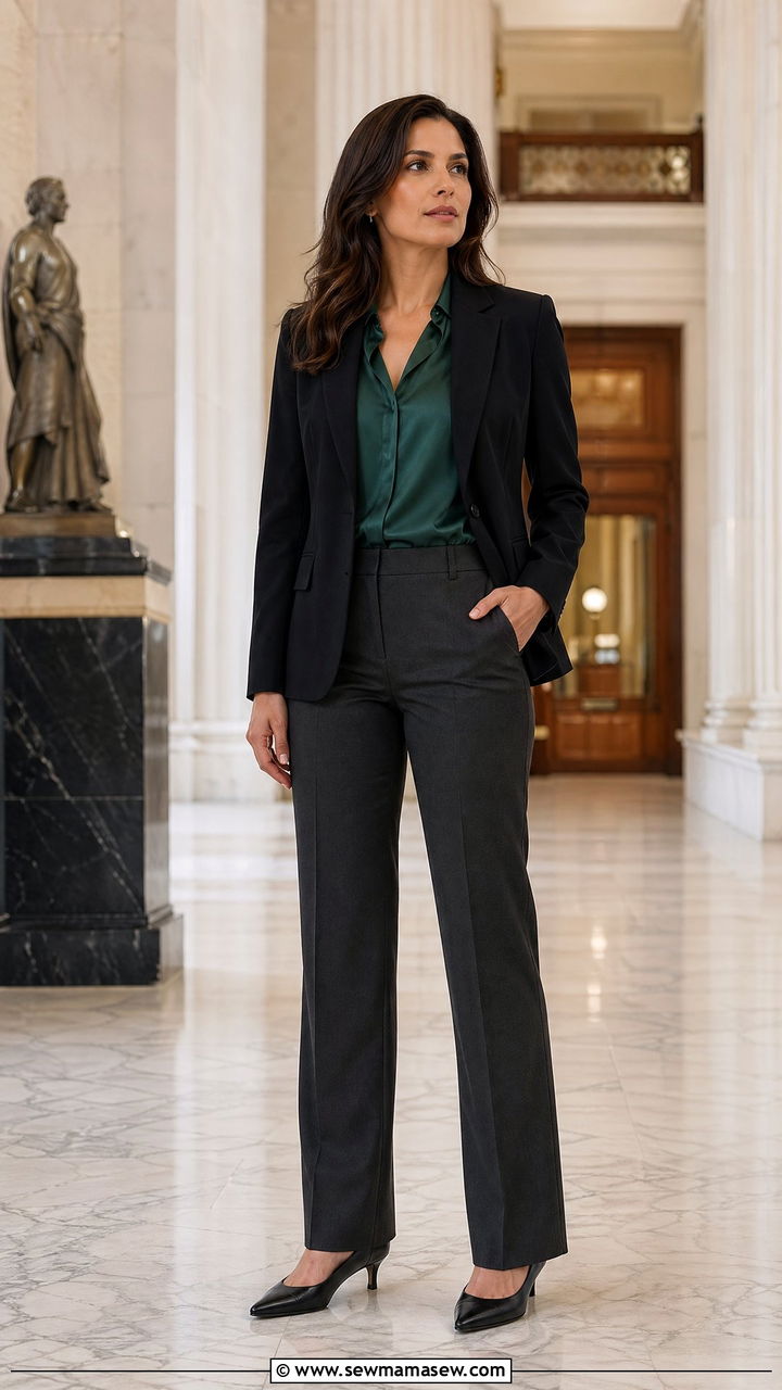 Black blazer with jewel tone blouse and gray trousers - 35 Courtroom outfit ideas for women