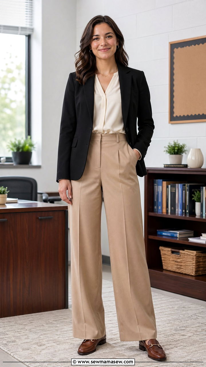 Black blazer with tan trousers and leather loafers - 35 spring teacher outfit ideas