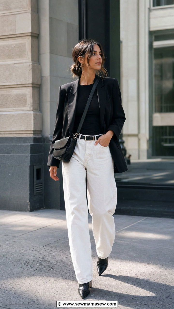 Black blazer with white baggy jeans - 30 Baggy jeans outfit ideas with a blazer