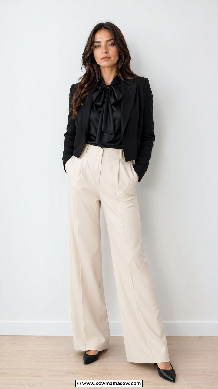 Black blouse with cream trousers and pointed flats - 35 Courtroom outfit ideas for women