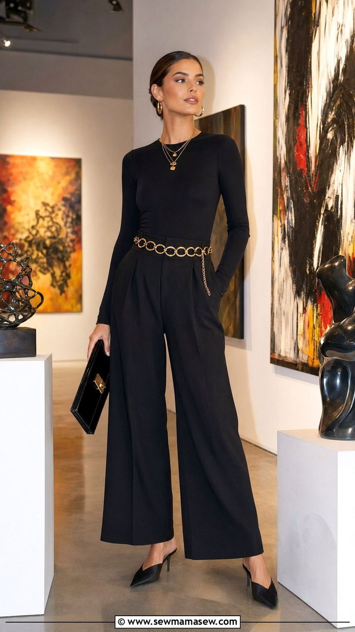Black bodysuit with gold chain belt outfit - 30 Black and gold outfit ideas