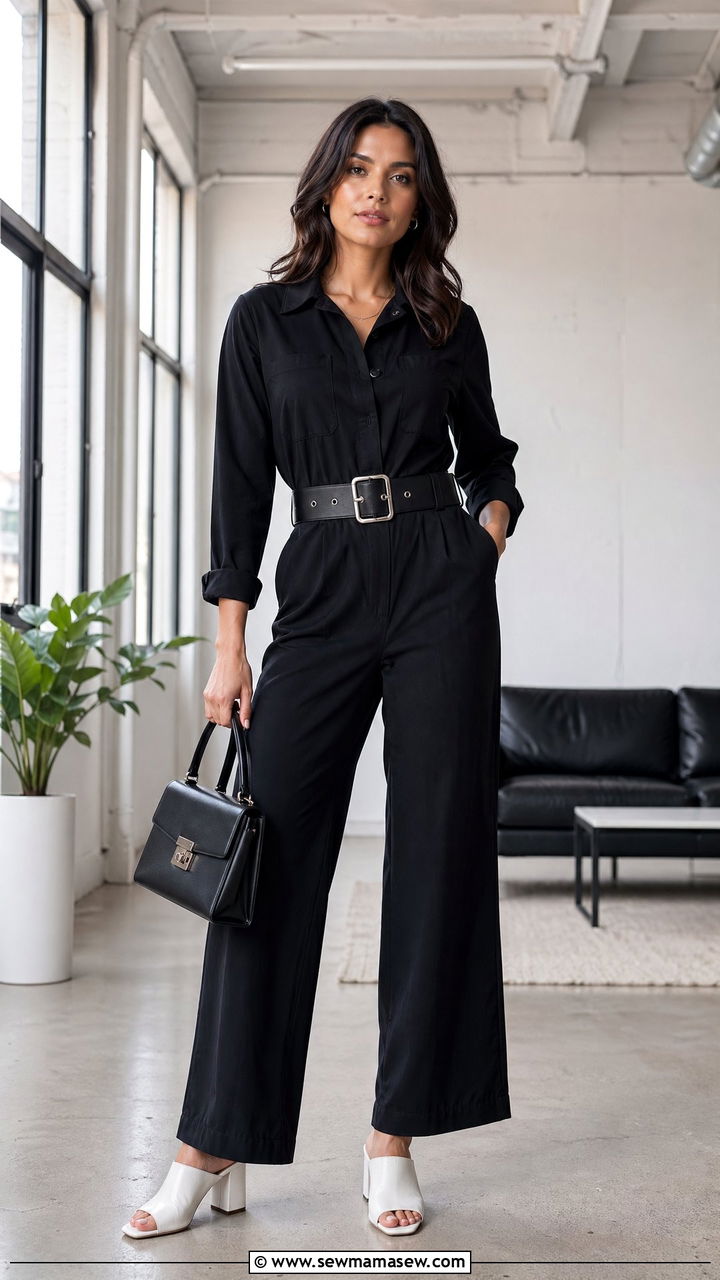 Black boilersuit with a statement belt and white mules - 35 what to wear to a job interview