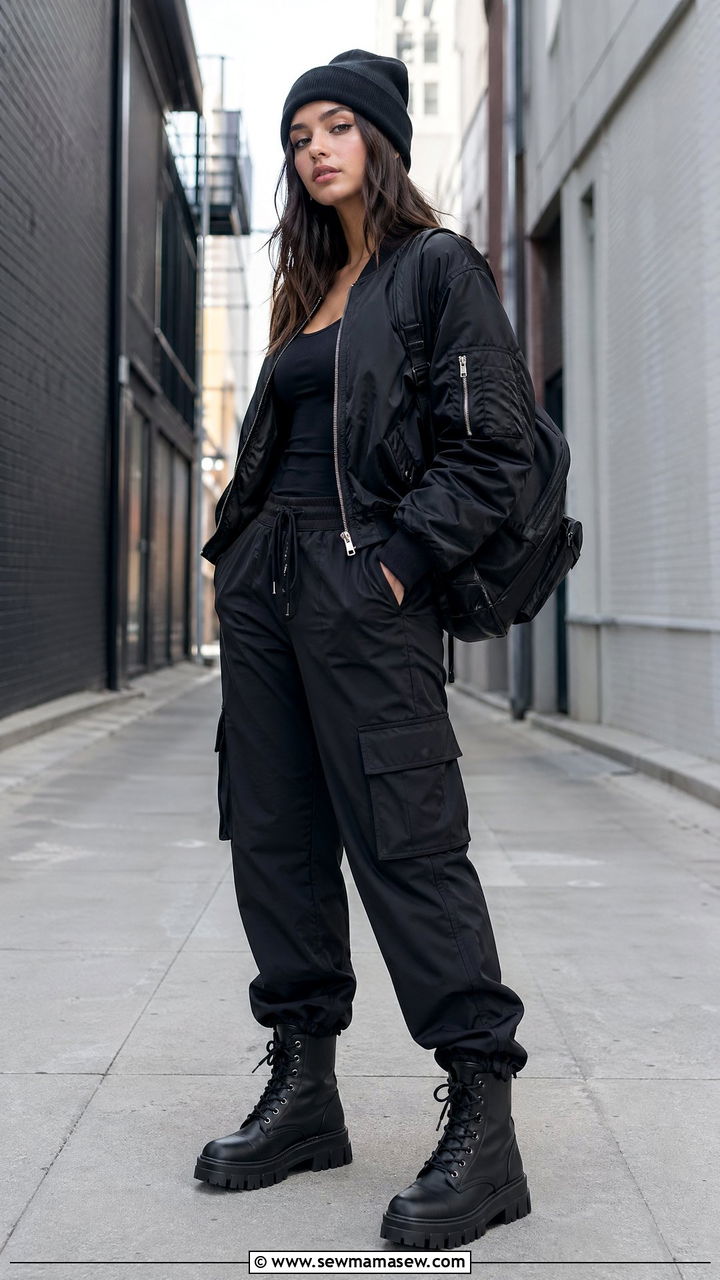 Black bomber jacket with cargo pants spring outfit - 35 spring black outfit ideas
