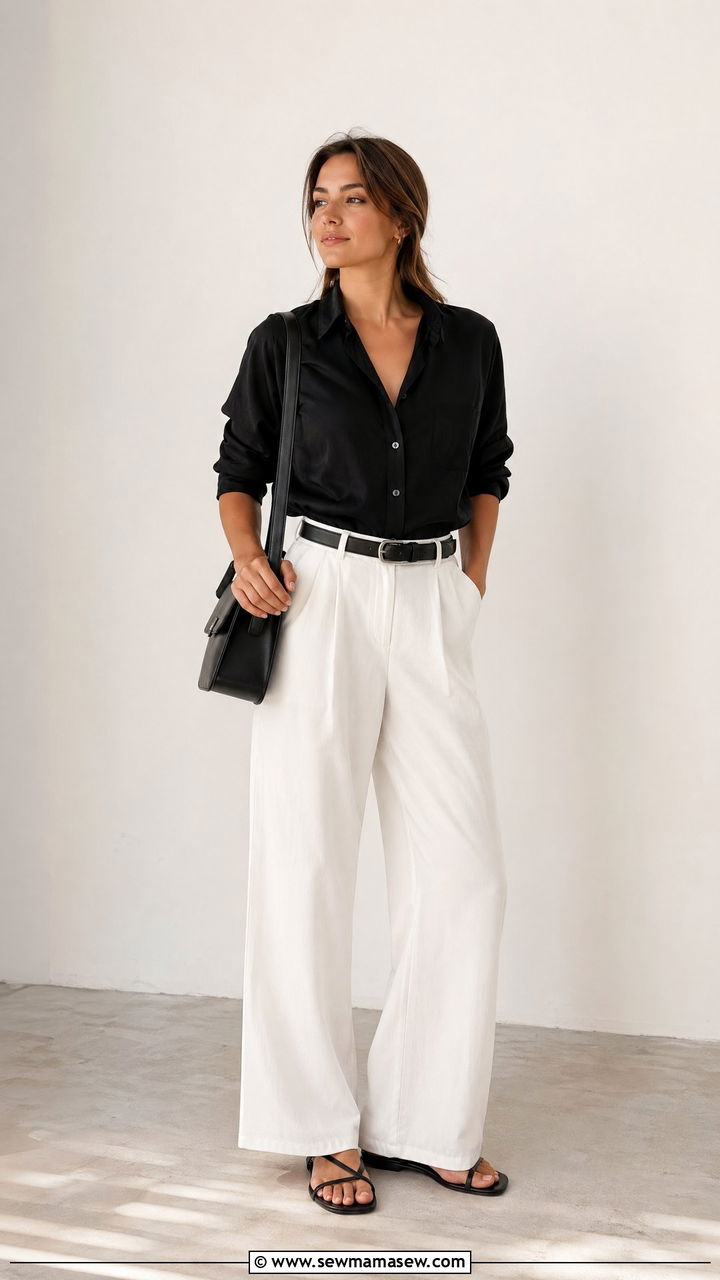 Black button down shirt with white trousers spring outfit - 35 spring black outfit ideas
