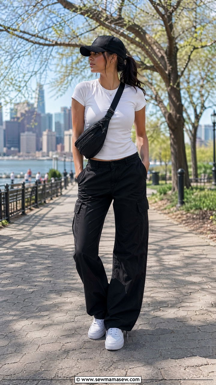 Black cargo pants with fitted white tee and sneakers spring outfit - 35 spring black outfit ideas