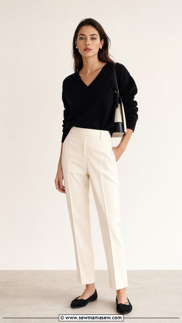 Black cashmere sweater and cream trousers - 35 quiet luxury outfits for women
