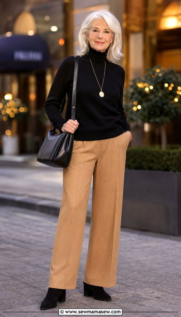 Black cashmere turtleneck with camel wide leg trousers - 35 Old money outfit ideas for women over 60