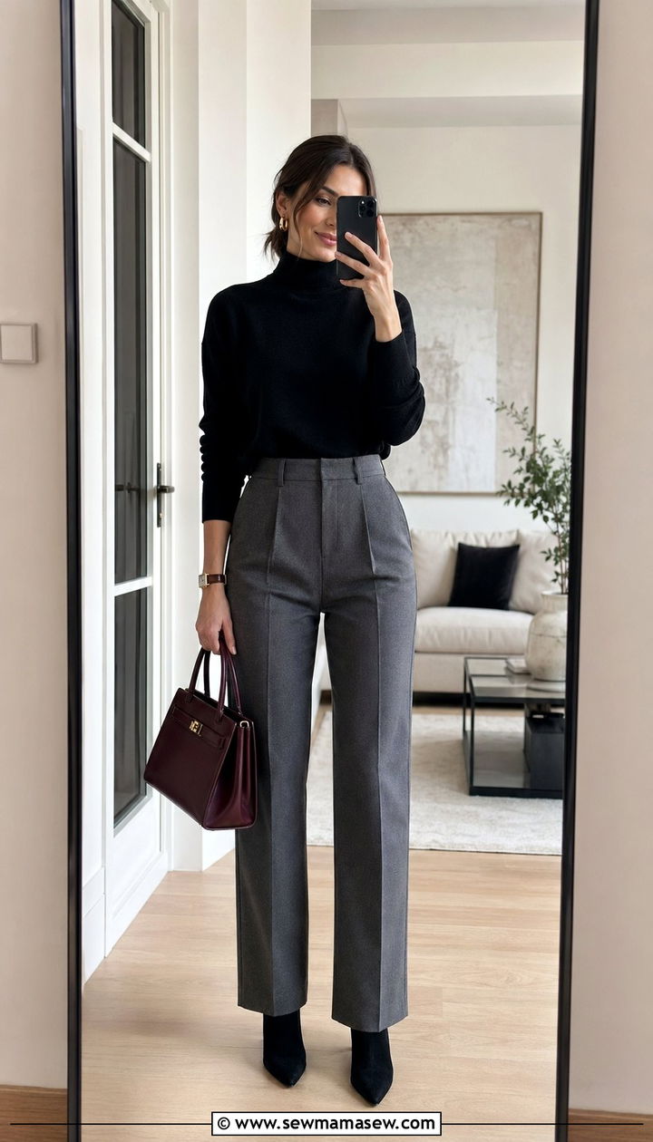 Black cashmere turtleneck with gray wool trousers outfit - 35 Quiet luxury outfit ideas