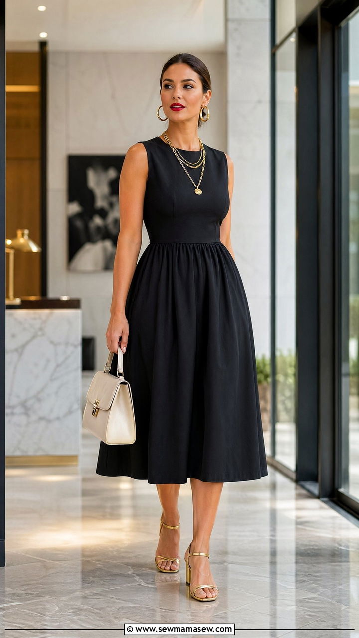 Black cotton midi dress with statement gold accessories - 35 Summer office outfits