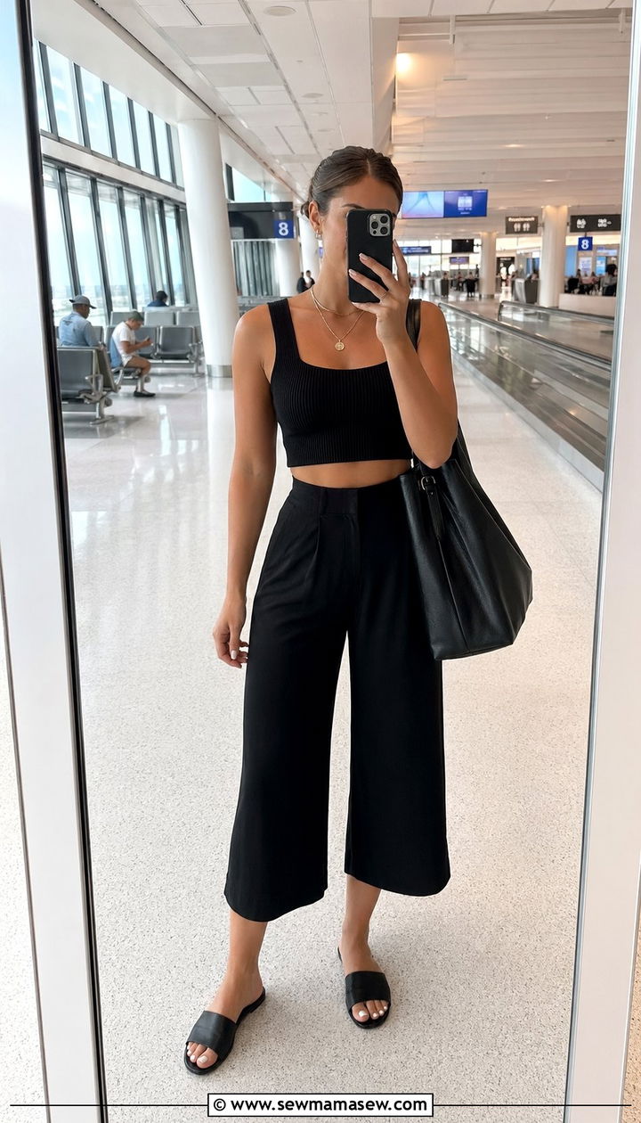 Black crop top and high waist culottes summer airport look - 30 Black outfit ideas for travel