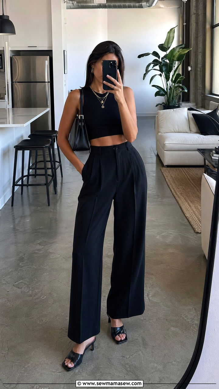 Black crop top with high waisted trousers spring outfit - 35 spring black outfit ideas