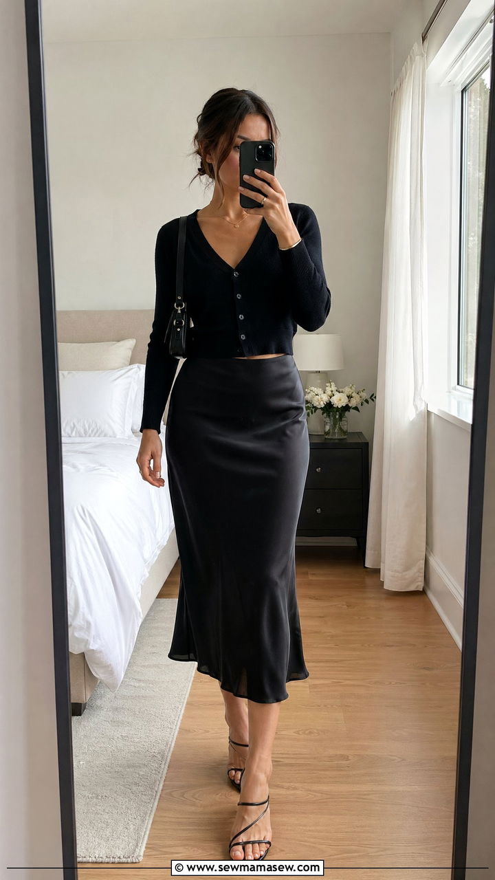Black cropped cardigan with slip skirt spring outfit - 35 spring black outfit ideas