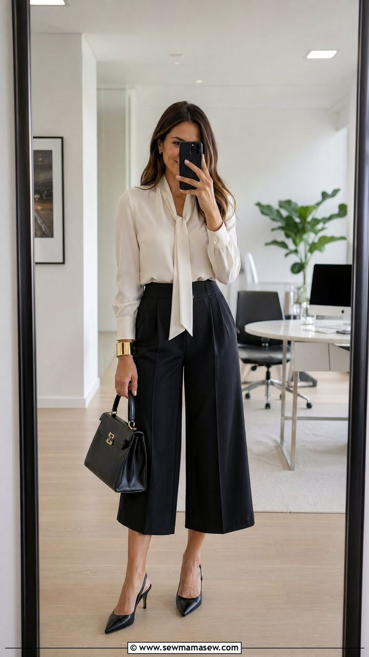 Black culottes and tucked in blouse work outfit - 35 Corporate outfit ideas for women