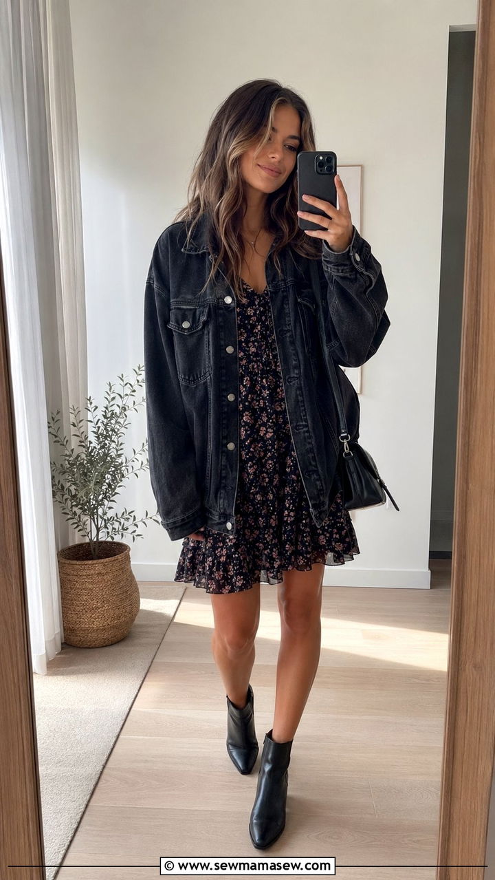 Black denim jacket and floral tea dress - 35 Moody spring outfit ideas