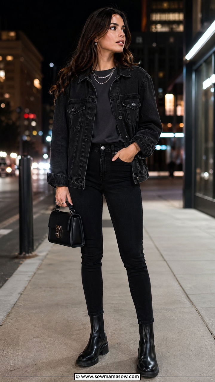 Black denim jacket with black jeans - 35 denim jacket outfit ideas for women