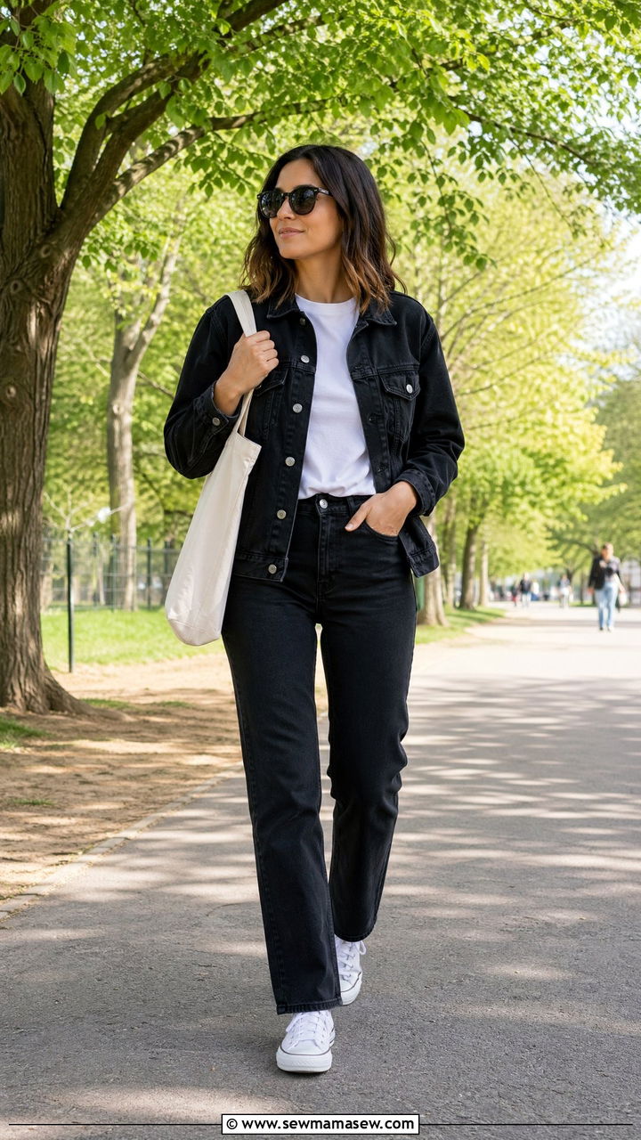Black denim jacket with white tee and black jeans spring outfit - 35 spring black outfit ideas
