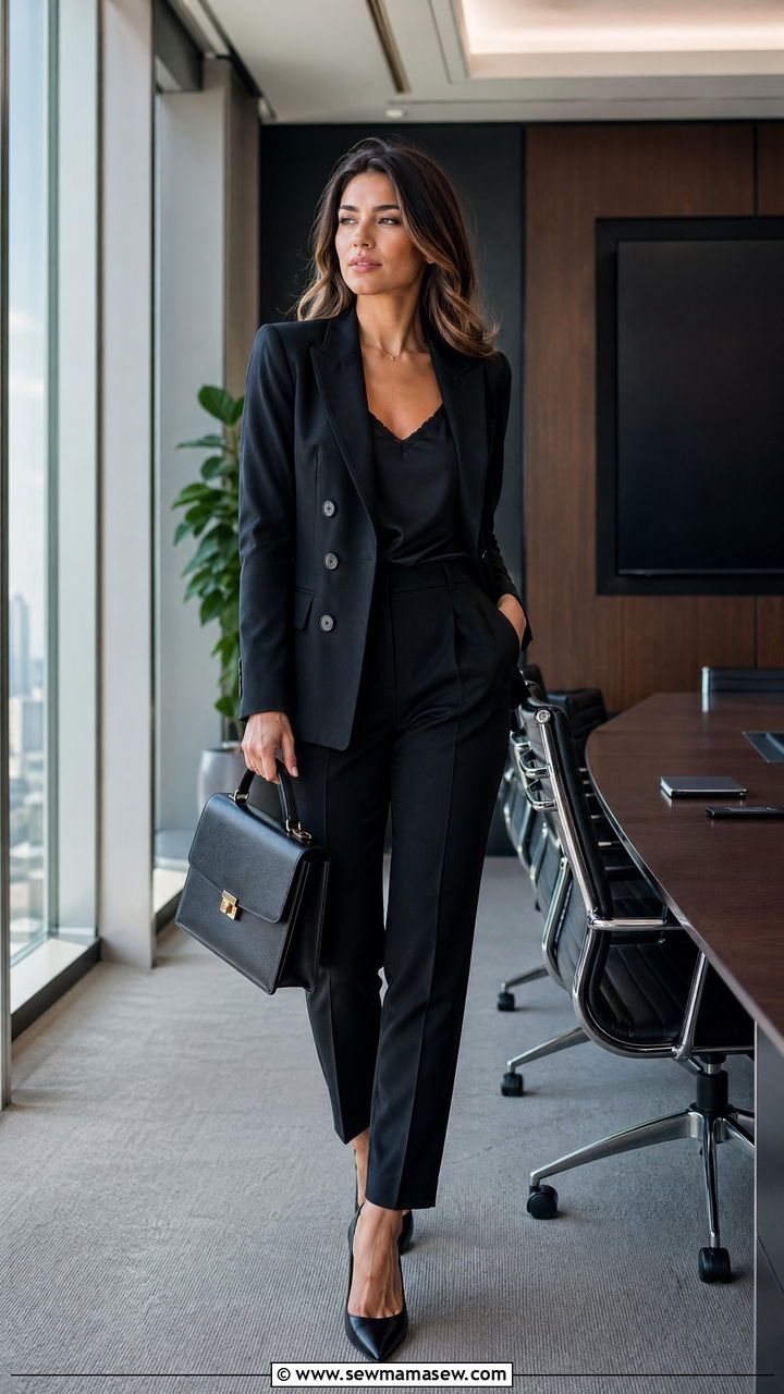 Black double breasted blazer and tailored trousers spring all black outfit - 35 spring all black outfit ideas