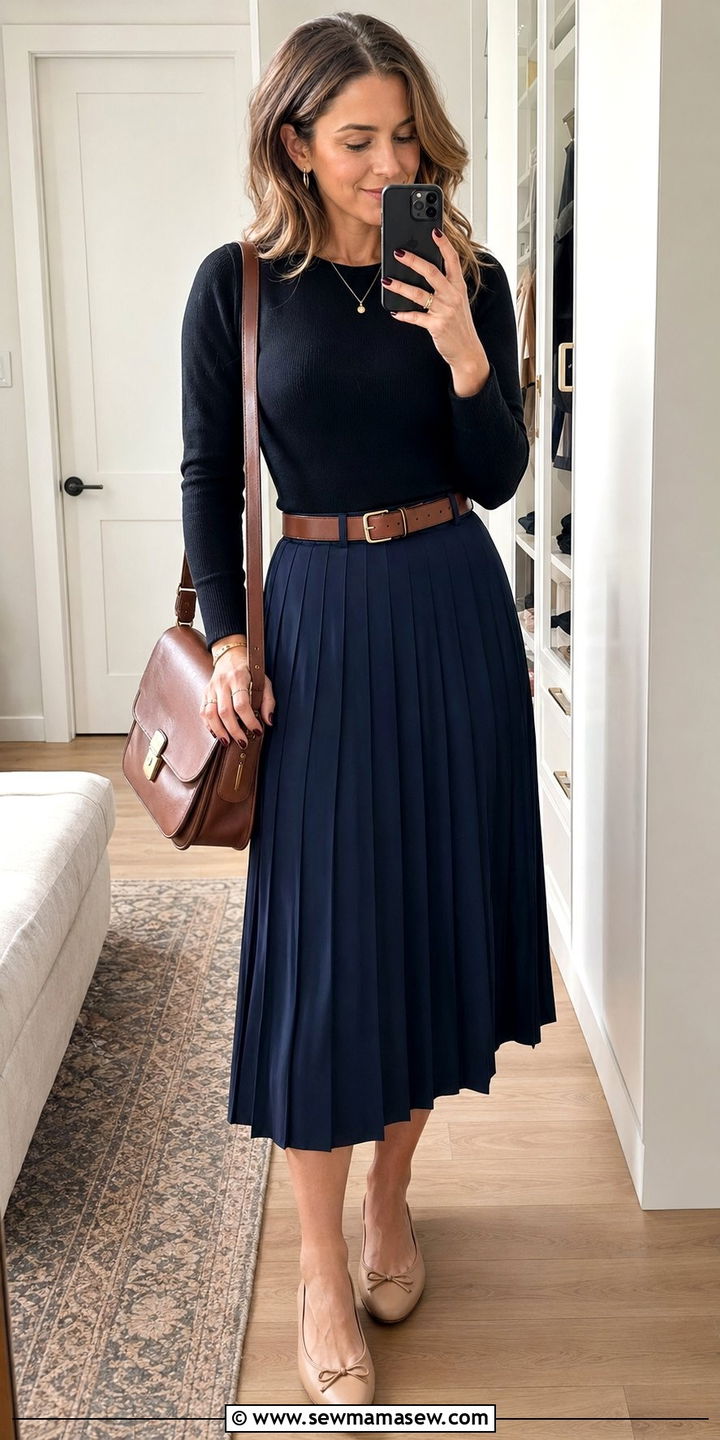 Black fitted top with navy pleated midi skirt - 30 work outfits for women over 30